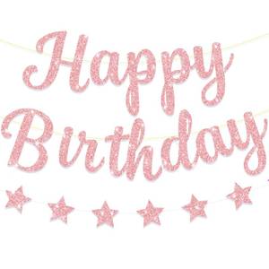 lot 16320 image: Blopee Pink Happy Birthday Banner for WomenGirl Birthday Party Decorations Glitter Star Birthday Garland Banner Sign