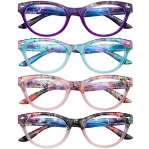 lot 16327 image: Sumkyle 4 Pack Cat Eye Reading Glasses Blue Light Blocking for Women,Stylish Pattern Spring Hinges Computer Readers (4 Mix, 1.50)