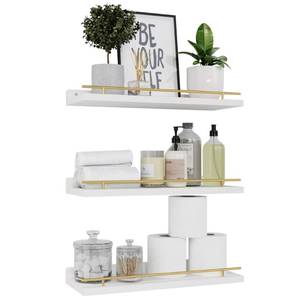 lot 19347 image: WOPITUES Floating Shelves with Gold Metal Guardrail, Shelves for Wall Decor Set of 3, Wall Shelves for Bedroom, Bathroom, Kitchen, Living Room, Plants, Picture Frames, Art- White and Gold