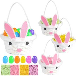 lot 19348 image: 4 Sets Easter Bunny Ear Woven Baskets Set, Easter Eggs Hunting Bucket Wicker with 4 Colors Grass Paper Filler & 20PCS Empty Eggs, Large Candy Wicker Storage Basket with Handle for Party Favor Picnic
