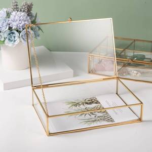 lot 19353 image: Feyarl Gold Glass Jewelry Trinket Box 5 x 7 Photo Cards Shadow Lidded Box Organizer Collection Display Case Decorative Keepsake Box for Home Deco (8.66 x 5.9 x 1.96inch)