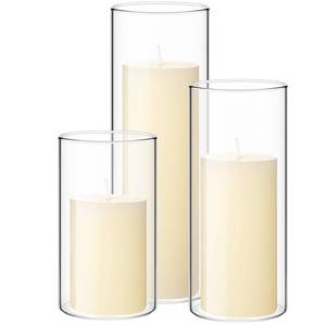 lot 19359 image: Shihanee Set of 3 Pillar Candles and 3 Glass Cylinder Candle Vases Holders Clear Pillar Jars for Wedding Centerpieces(2.6 X 4.7, 5.9, 7.9,Ivory White)
