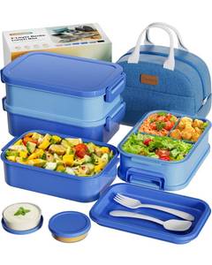 lot 19373 image: Adults Bento Box with Insulated Lunch Bag, 74oz Capacity 3 Stackable Leak-Proof Bento Box Built-In Utensil and Sauce, PFAS & BPA-Free, Microwave & Dishwasher Safe (Ocean Blue)