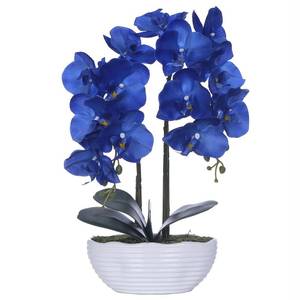 lot 19400 image: YSZL Large Artificial Potted Orchid Plant, Silk Flower Arrangement with Ceramics Vase, Navy Blue
