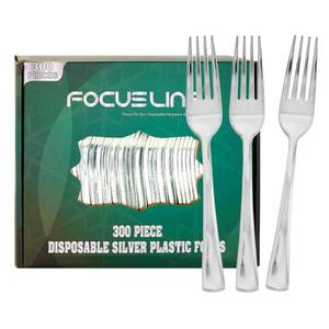 lot 19403 image: FOCUSLINE 300 Pack Disposable Silver Plastic Forks, Solid and Durable Plastic Cutlery Forks, Heavy Duty Disposable Utensil Silverware for Catering, Parties, Dinners, Weddings