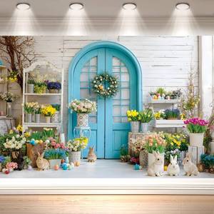 lot 20017 image: 8x6 FT Easter Backdrop for Photography Blue Wooden Doors Colorful Eggs Rabbit Spring Photo Background Wall Easter Party Decorations Banner Photo Studio Props