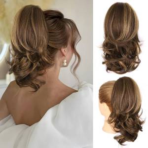 lot 20040 image: 14 Inch Ponytail Extension - Clip in Ponytail Hair Extensions, Curly Wavy Pony Tails Hair Extensions, Synthetic Claw Clip Ponytail Extension for Women (Color Chestnut Brown With Golden Highlights)