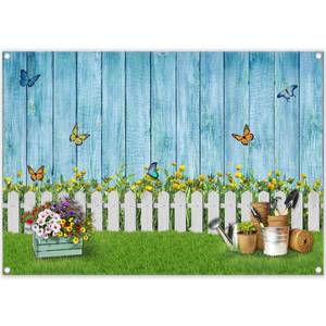 lot 20074 image: ZTHMOE 7x5ft Fabric Spring Photography Backdrop Easter Garden Floral Background Butterfly Grass Blue Wooden Wall Banner Photo Booth Studio Props