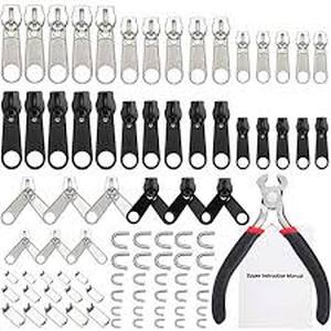 lot 2487 image: TecUnite 85 Pcs Zipper Repair Kit with Replacement Zipper and Pull Nylon Zippers Slider Universal Zippers Repair Kit with Instruction Manual Install Plier for Luggage Jacket Coat Jean Black and Silver