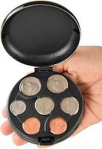 lot 12092 image: Portable Mini Coin Dispenser Case Money Sorter Container, Hard Round Aluminum Euro Coin Dispenser Storage Coins Purse Wallet Holders Storage Box (Black)