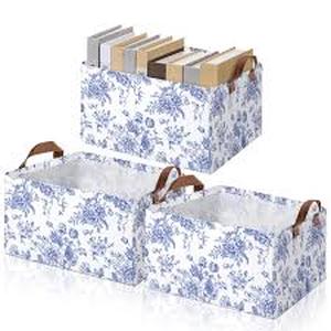 lot 14442 image: Blue and White Floral Storage Basket with Leather Handles