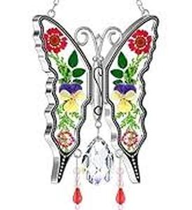 lot 20057 image: Butterfly Suncatcher with Pressed Flowers and Crystal Dangles