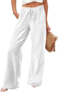 lot 111630 image: Cdiecer Linen Wide Leg Pants for Women Summer Beach Flowy Pant Smocked High Waisted Palazzo Pants Vacation Lounge Trousers (Small)