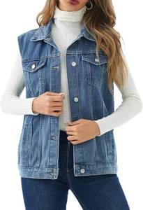lot 111632 image: CaniBtr Womens Vintage Denim Vest Oversized Button Down Jean Waistcoat Gilet Sleeveless Jean Jacket