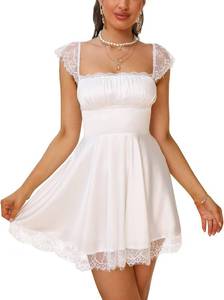 lot 111633 image: EYNMIN Womens Lace Strap Mini Graduation Dress Satin Square Neck Flowy A-Line Ruffle Swing Casual Short Dresses (L)