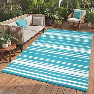 lot 111635 image: Waterproof Outdoor Rug 8x10 Contemporary Reversible Plastic Straw Rug, Easy Cleaning Striped Patio Carpet, UV-Resistant Indoor Outdoor Floor Cover for RV, Porch, Deck, Backyard, Light Blue