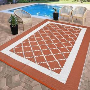 lot 111639 image: Garvee 8x10 Outdoor Rug Waterproof Reversible Mat Boho Trellis Outdoor Plastic Straw Patio Rug with 4 Stakes and Starage Bag Portable Rugs for Camping Porch Deck Rv Balcony Backyard Beach, Terracotta