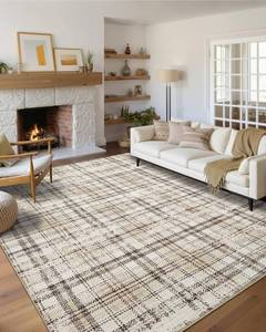 lot 111640 image: Modern Washable 8x10 Area Rug - Soft, Non-Slip, Stain Resistant, Farmhouse Tartan Plaid for Living Room, Bedroom, Nursery, Office - Beige
