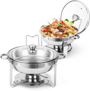 lot 111646 image: Takywep Chafing Dishes for Buffet Set of 2, 5QT Buffet Servers and Warmers, Round Catering Food Warmers Stainless Steel Chafing Dish Buffet Set with Glass Lid & Lid Holder for Parties Events, Silver