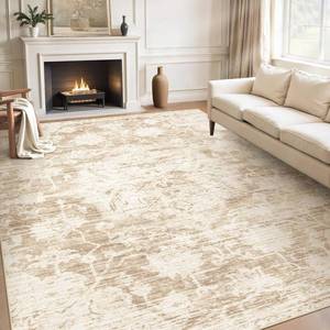 lot 111649 image: Area Rugs 9x12 Living Room Large Vintage Living Room Rug with Non-Slip Backing Low Pile Rugs Soft Indoor Floor Thin Carpet Neutral Carpets for Bedroom Dining Room Farmhouse Nursery BeigeCream
