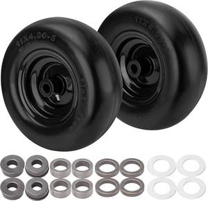 lot 111654 image: 11x4.00-5 Flat Free Lawn Mower Tire on Wheel, Universal Fit 11x4.00-5 Smooth Tread Tire for Zero Turn Lawn Mowers - with 34 Bushings and 3.4-5 Centered Hub - Contain Adapter Kit  Black-2Pcs