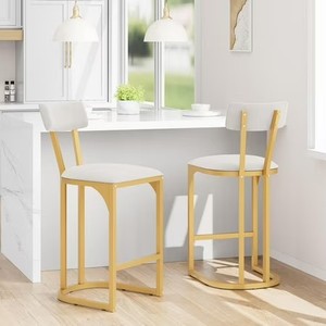 lot 211453 image: Garvee Set of 2 Velvet Bar Stools High Back Counter Stools with Gold Metal Legs for Kitchen & Bar