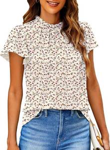 lot 211471 image: SimpleFun Women Boho Shirts Floral Ruffle Short Sleeve Mock Neck Flowy Casual Summer Blouses Tops
