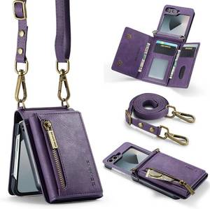 lot 211476 image: for Samsung Galaxy Z Flip 6 Wallet Case Tri-Fold Zipper with 6 Card Slots and 1 Zipper Pocket and Long Lanyard PU Leather Pocket Stand Protective Cover- Purple