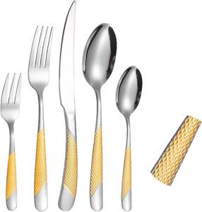 lot 211482 image: A HOUSEWARE Hammered Silverware Gold and Silver Flatware Stainless Steel Cutlery Sets for 4 Forks Spoons knives Patten Handle Kitchen Utensils for Restuarant and Home