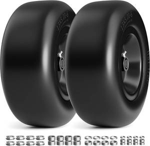 lot 311389 image: RONPOW 13x5.00-6 Flat Free Lawn Mower Tire and Wheel, 13x5x6 Solid Front Tires for Zero Turn Mower, 500Lbs Load, 34, 58 and 12 Bearings, 4.33-6.73 Hub Spacers, 2Pack Black, TRK-TIR-1356FFBK