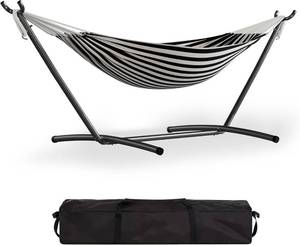 lot 311394 image: Garvee Double Hammock with Foldable Steel Stand and Carry Bag   IndoorOutdoor Standing Hammock, 450 LBS Capacity, for Garden, Camping, Beach (Black)