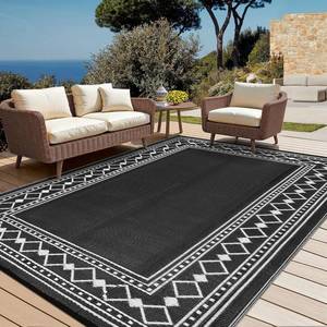 lot 311405 image: Garvee Large Outdoor Rug 10x20 Patio Rug Waterproof Plastic Straw Outdoor Carpet Washable Reversible Mat Modern Border Outdoor Rug for Camping RV Deck Porch Picnic Balcony Backyard,BlackWhite