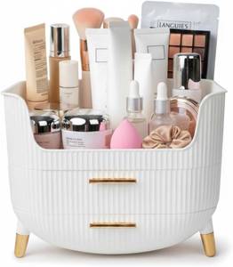 lot 311426 image: Makeup Organizer with Drawers, Skincare Storage Box for Vanity, Multiple Compartments, Portable Cosmetic Display Case with Handle, Large Make up Organizers for Dresser, Bathroom, Bedroom, White