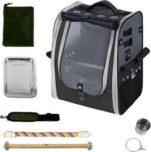 lot 311429 image: Birds Day Bird Carrier Backpack-Parrot Travel Cage with Perch and Food Bowl, Stainless Steel Tray (Charcoal Gray)