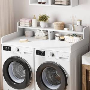 lot 411330 image: Garvee 54 Washer Dryer Countertop with 2-Tier Shelf, Wooden Laundry Countertop with Non-Slip Pad and Guard Rails, Washer and Dryer Topper for Laundry Room Organization