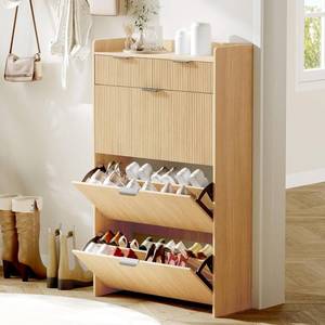 lot 411331 image: Retails for $157 GarveeHome Wave Design Shoe Cabinet with 3 Slip Drawers, 2 Drawers, Raised Edges, Fluted Shoe Cabinet, Slim Hidden Shoe Organizer, Wooden Shoe Storage for Entryway, Front Door, Living Room, Wood