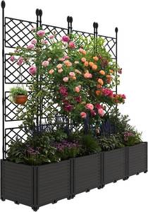 lot 411336 image: Retails for $103 Garvee 4 PCS Plastic Plant with Metal Trellis, Raised Garden Bed with Trellis Planter for Climbing Plant Outdoor Raised Box Privacy Screen for Patio Balcony, Planter for Backyard Patio