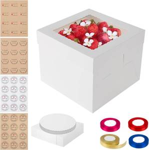lot 411339 image: Garvee 20 Pack 10 Inch Cake Boxes, 10x10x8 Inches Bakery Boxes with 20 Cake Boards, Silk Ribbon & Stickers, Disposable Cake Containers with Lids & Window for Wedding, Birthday