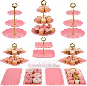lot 411341 image: Pack of 11 NWK Cake Stand Set, with 3 x Two-Tier and 3 x Three-Tier Cupcake Stands, 4 x Appetizer Trays, 1 x Tablecloth for Birthday Bridal Baby Shower Party (Pink)