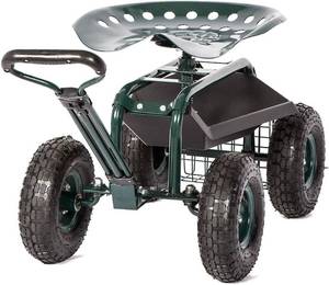 lot 411343 image: KINTNESS Garden Cart Seat Rolling Scooter Wagon with Extendable Steering Handle Swivel Seat & Utility Basket...(Green