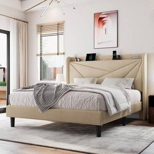 lot 411349 image: Retails for $150 Einhomn Queen Size Upholstered Bed Frame with Charging Station, Platform Bed Frame with Storage Headboard, Solid Wood Slats Support, No Box Spring Needed, Beige