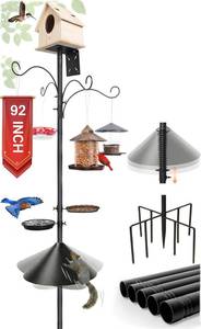 lot 411371 image: eWonLife 92 Inch Squirrel Proof Bird Feeder Pole with 9 Prongs Base, 1 Inch Dia Bird House Pole, Heavy Duty Bird Feeder Stand, Adjustable Shepherds Hooks for Outdoor with Squirrel Baffle Birdbath Tray