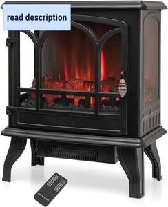 lot 311408 image: Retails for $170 Tangkula 23 Inch Electric Fireplace Stove, Freestanding Fireplace Heater with Vivid Flame Effect, 3-Sided Panoramic View, Overheat Protection, 1400W Space Heater, Ideal for Home & Office
