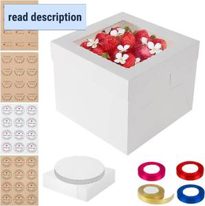 lot 411335 image: Garvee 20 Pack 10 Inch Cake Boxes, 10x10x8 Inches Bakery Boxes with 20 Cake Boards, Silk Ribbon & Stickers, Disposable Cake Containers with Lids & Window for Wedding, Birthday