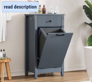lot 411351 image: Airynee Tilt-Out Laundry Hamper Cabinet with Drawer, 10 Gallon Fluted Trash Can Cabinet with Laundry Basket, Hidden Wood Garbage Can Bin Cabinets for Bathroom & Kitchen, Grey