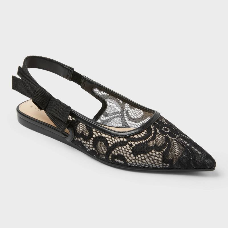 lot 67545 image: Womens London Lace Sling Back Bow Flats - A New Day Black 6.5 Cushioned Insole, Pointed Toe - Retail $45