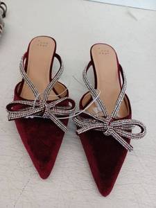 lot 13004 image: Burgundy Velvet Pointed Toe Kitten Heel Mules with Crystal Bow Detail, Size 8