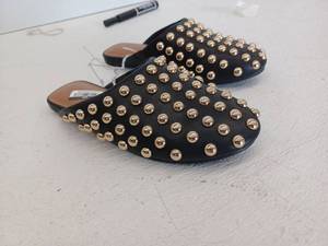 lot 13014 image: Black Leather Studded Mule Slides with Gold Hardware, Size 6