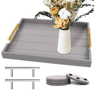 lot 597 image: SXNOWS Wooden Serving Tray with 2 Sets of Handles,Large Ottoman Tray for Living Room, Rectangular Wood Tray for Coffee Table, Modern Farmhouse Kitchen Decor, 4 Round Coasters Included,Gray - Retail $30