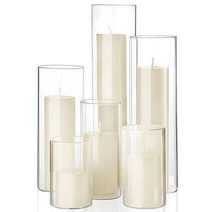 lot 602 image: Shihanee Set of 6 Pillar Candles and Glass Cylinder Vases Assorted Sizes Cylinder Holders for Pillar Candles Home Table Centerpieces Wedding Party Decorations (Ivory) - Retail $50